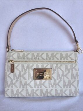 Michael Kors Cream Leather Card Wristlet with Gold Accents